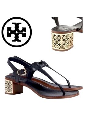 Tory Burch Audra Gold Logo Block Heel Sandal in Black Size 6.5